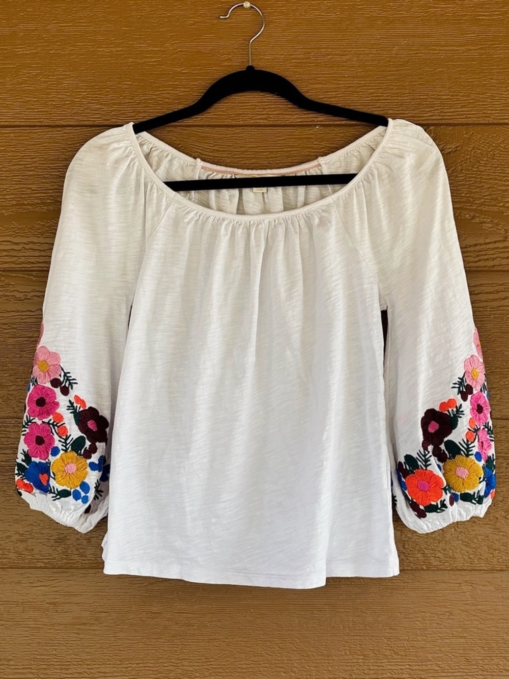 Boden 100% Cotton White Peasant Blouse with Floral Embroidered Sleeves -Sz 2
